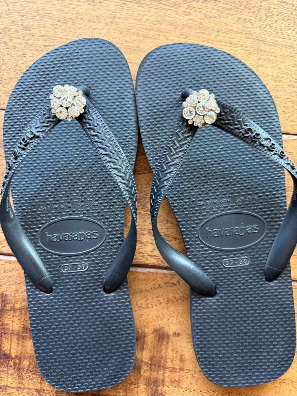 Havaianas Black Flip Flop Sandals with Sparkling Flower Accent